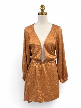 Copper silk Mini Dress with Deep V-Neck